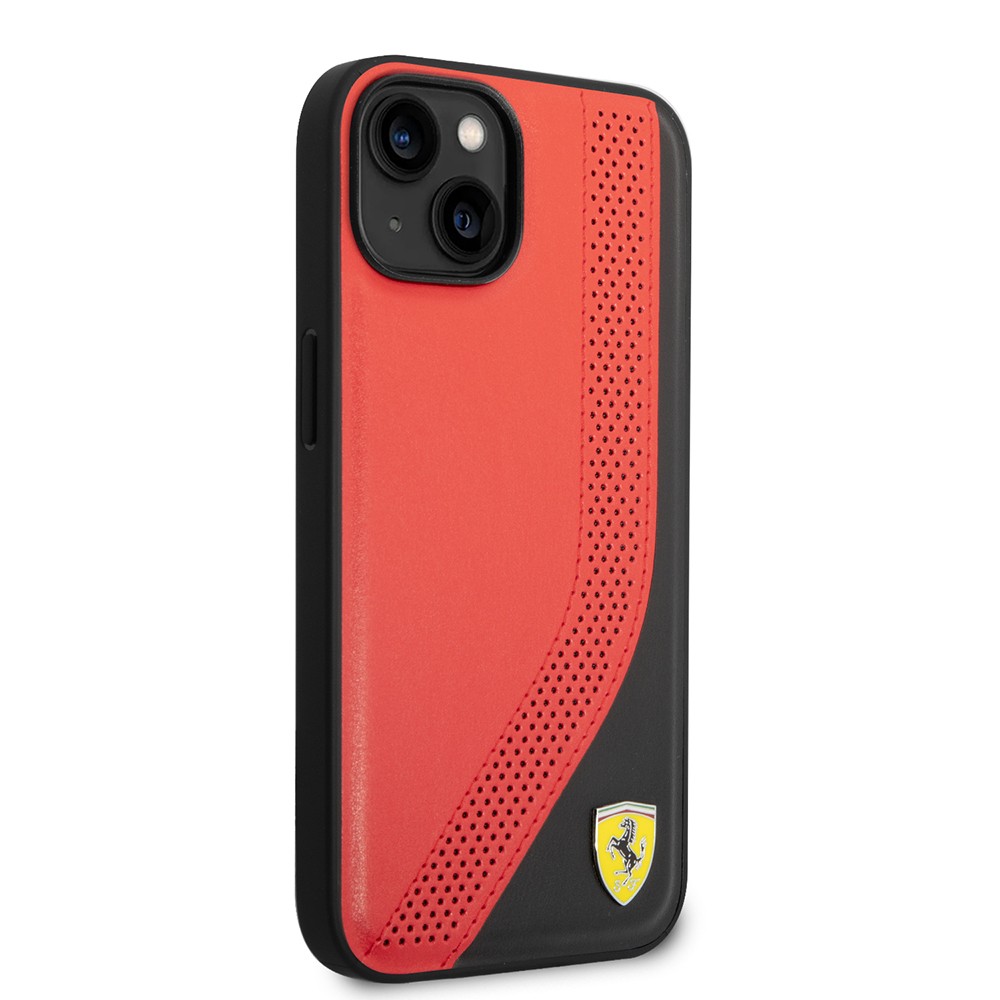 Apple iPhone 14 Kılıf Ferrari Orjinal Lisanslı Metal Logolu Deri Delikli Dikişli Dizayn Kapak