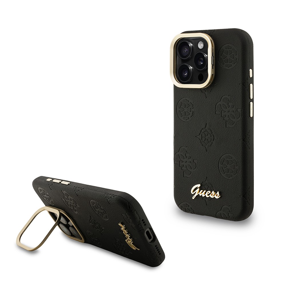 Apple iPhone 16 Pro Max Kılıf Guess Orjinal Lisanslı M-safe Şarj Özellikli Sıcak Baskılı Yazı Logolu Kamera Standlı PU Deri Peony Kapak