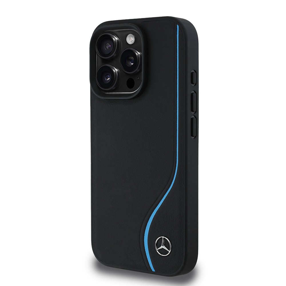 Apple iPhone 16 Pro Max Kılıf Mercedes Benz Orjinal Lisanslı M-safe Şarj Özellikli 3D Metal Logolu Mavi Dikey Eğri Çizgili Deri Kapak