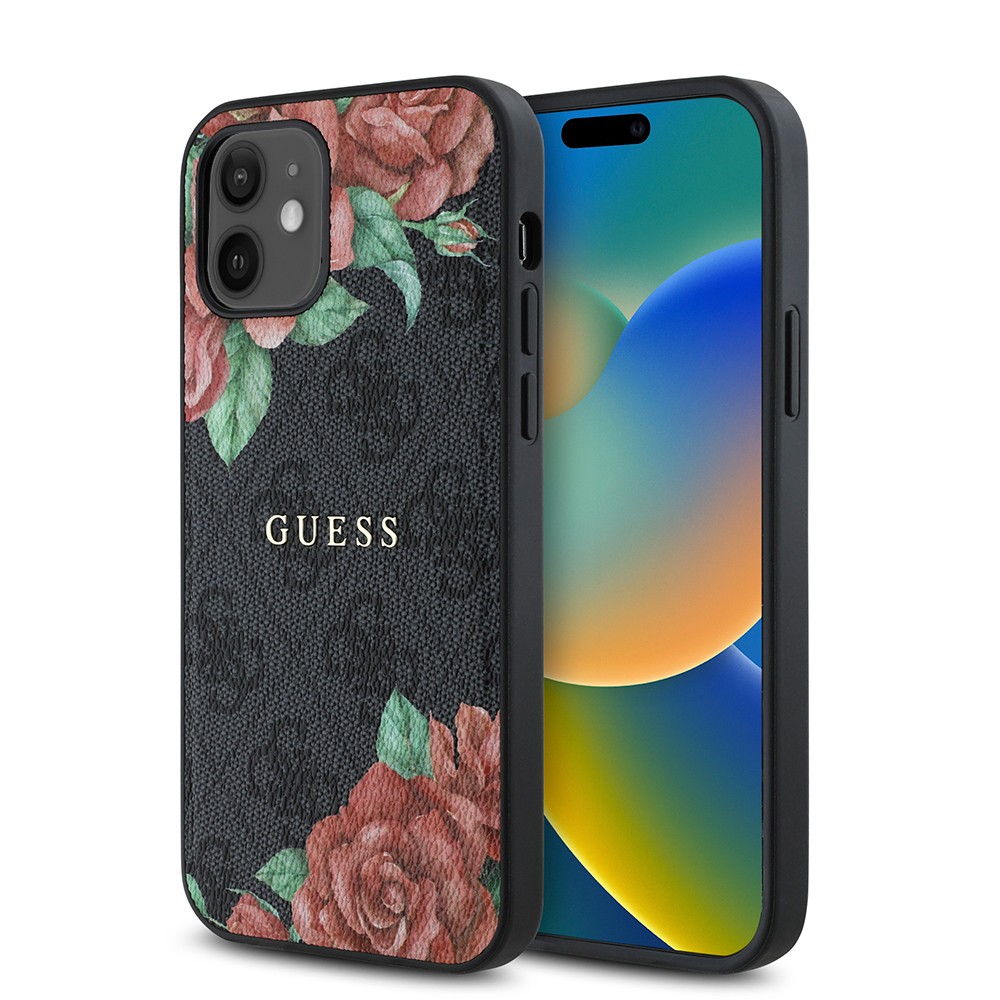 iPhone 12 Kılıf Guess Orjinal Lisanslı Magsafe Şarj Özellikli Gül Baskılı 4G Desenli Yazı Logolu Kılıf