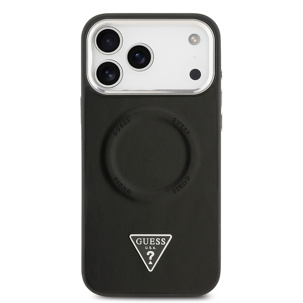Apple iPhone 17 Pro Max Kılıf Guess Orjinal Lisanslı M-safe Şarj Özellikli PU Deri Metal Kamera Çerçeveli Üçgen Logolu Kapak