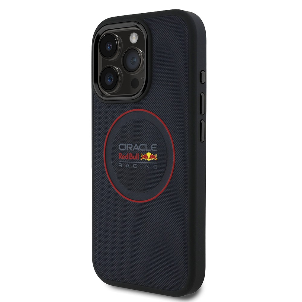 Apple iPhone 16 Pro Kılıf Redbull Orjinal Lisanslı Magsafe Şarj Özellikli Kırmızı Halka ve Logo Kabartmalı PU Deri Kapak