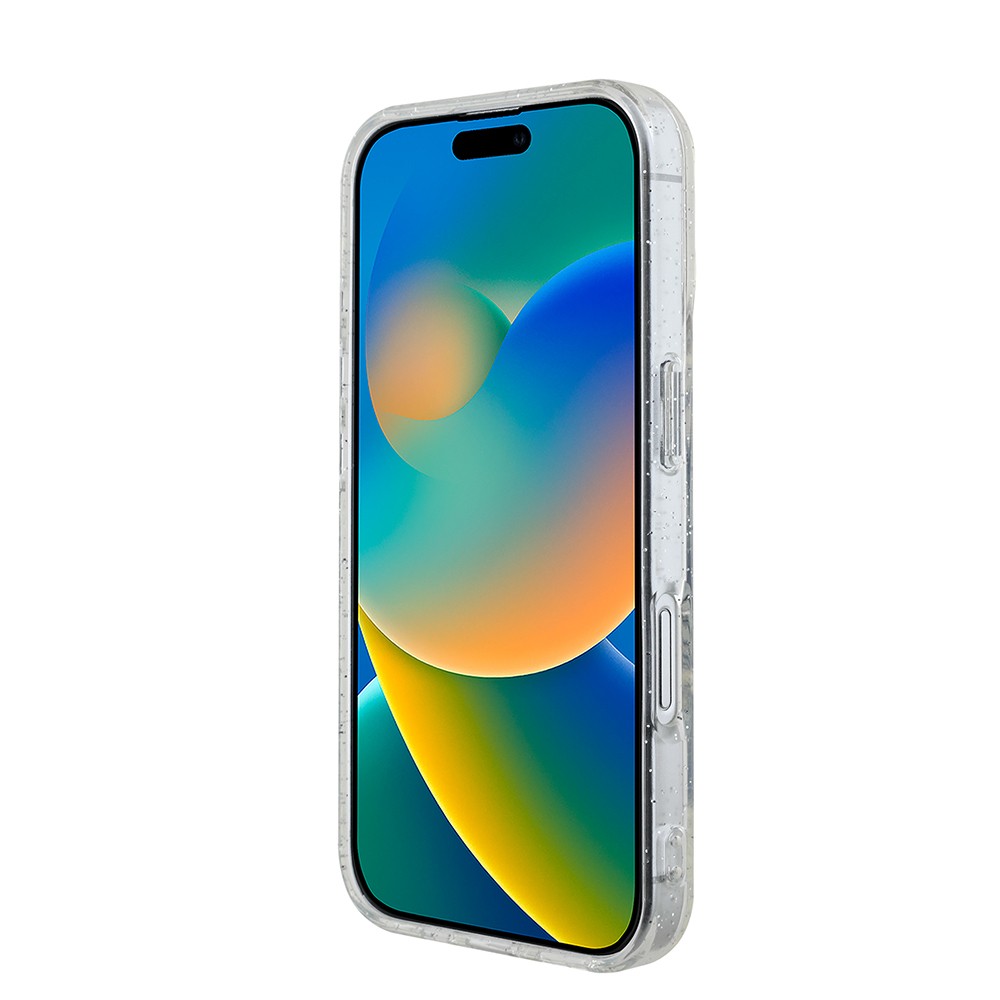 iPhone 16 Guess Orjinal Lisanslı 3'lü Aksesuar Seti IML Baskılı Simli Glitter Kılıf + Ekran Koruyucu + Lens Koruyucu