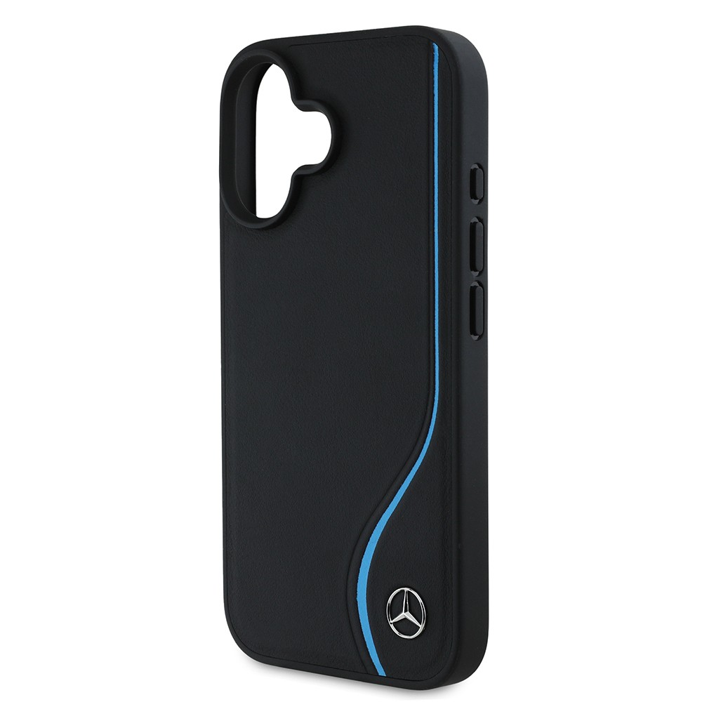 Apple iPhone 16 Kılıf Mercedes Benz Orjinal Lisanslı M-safe Şarj Özellikli 3D Metal Logolu Mavi Dikey Eğri Çizgili Deri Kapak