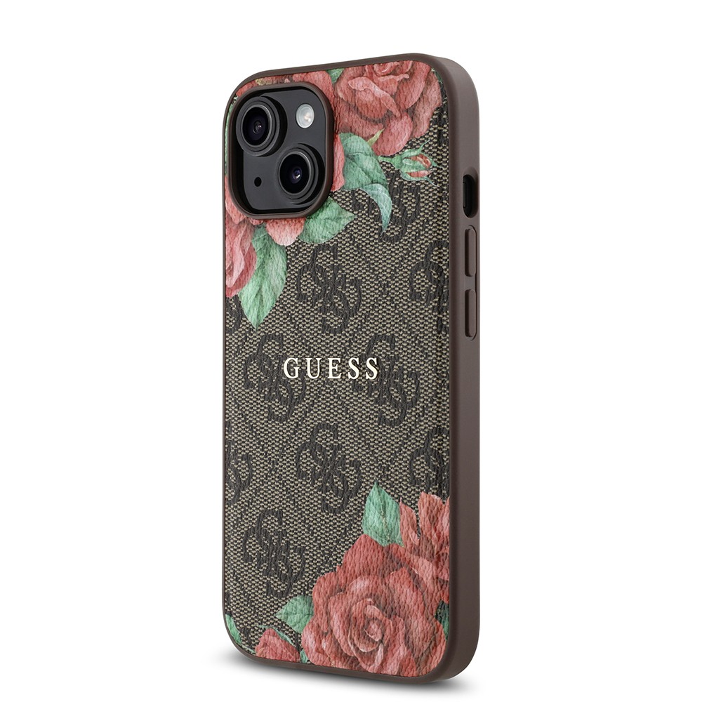 iPhone 15 Kılıf Guess Orjinal Lisanslı Magsafe Şarj Özellikli Gül Baskılı 4G Desenli Yazı Logolu Kılıf