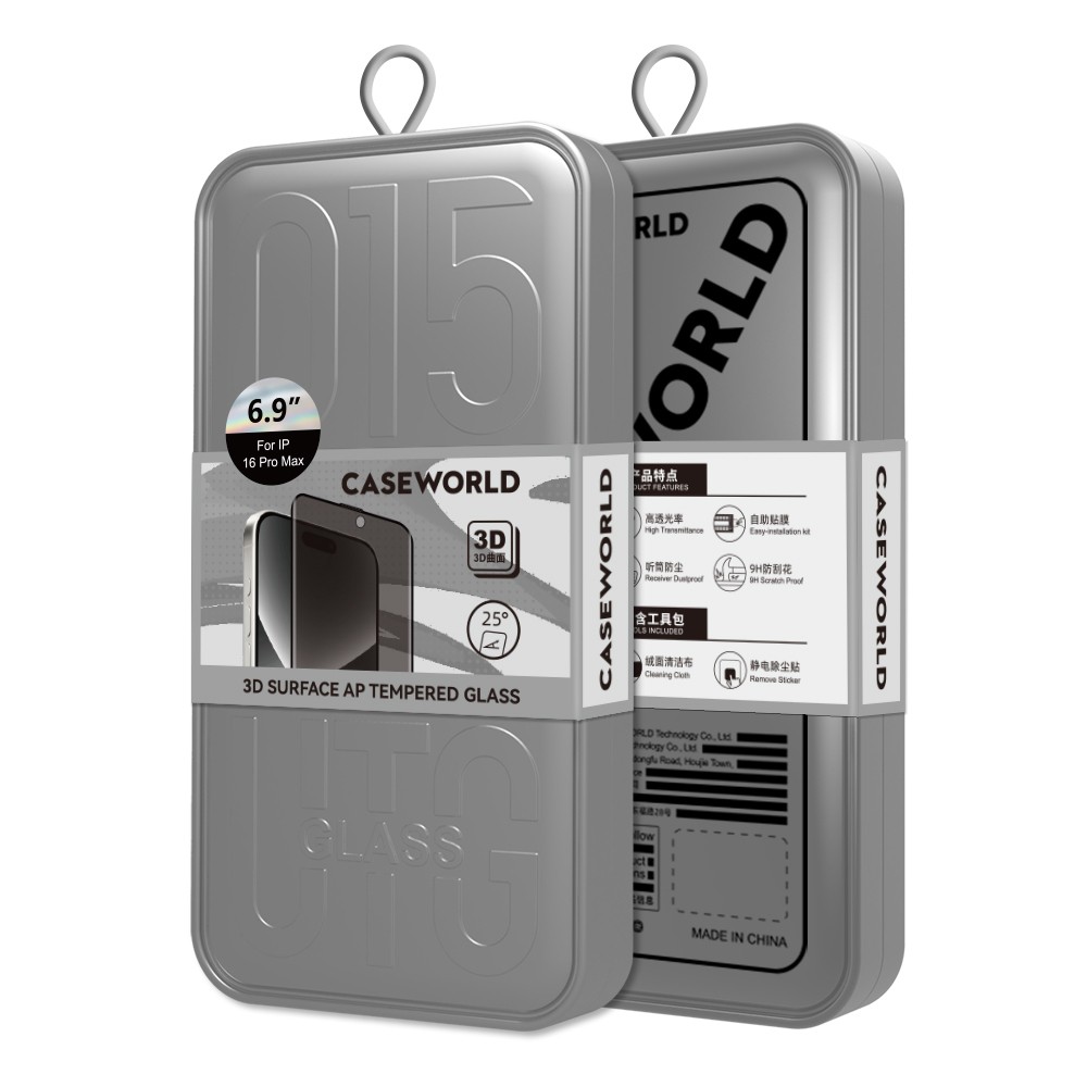 Apple iPhone 16 Pro CaseWorld 0.25mm Privacy 3D Temperli Cam Ekran Koruyucu + Uygulama Aparatlı