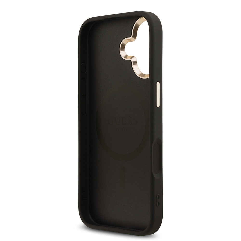 Apple iPhone 17 Kılıf Guess Orjinal Lisanslı M-safe Şarj Özellikli Gold Metal Kamera Çerçeveli Taşlı Üçgen Logo 4G Desenli Kapak