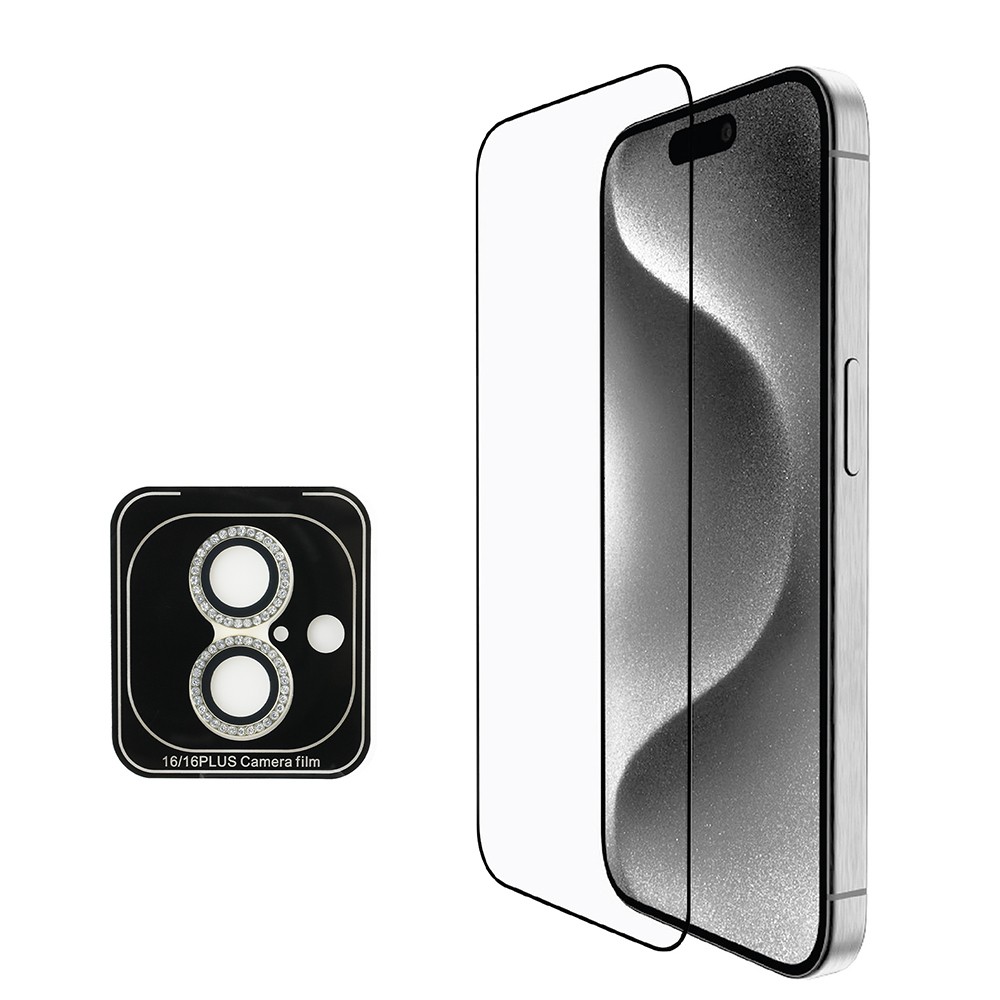 iPhone 16 Guess Orjinal Lisanslı 3'lü Aksesuar Seti IML Baskılı Simli Glitter Kılıf + Ekran Koruyucu + Lens Koruyucu