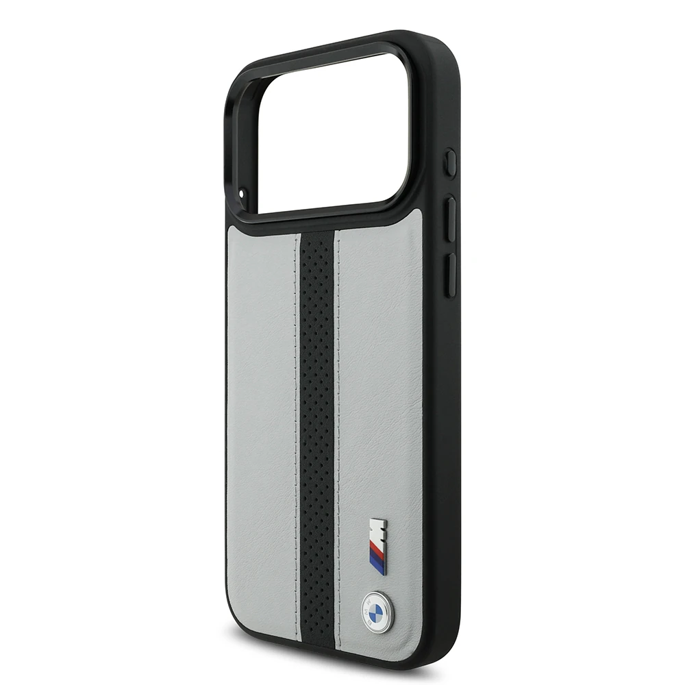 Apple iPhone 17 Pro Kılıf BMW Orjinal Lisanslı M-safe Şarj Özellikli Deri Arka Yüzey Metal Logolu Delikli Şerit Tasarımlı Kapak