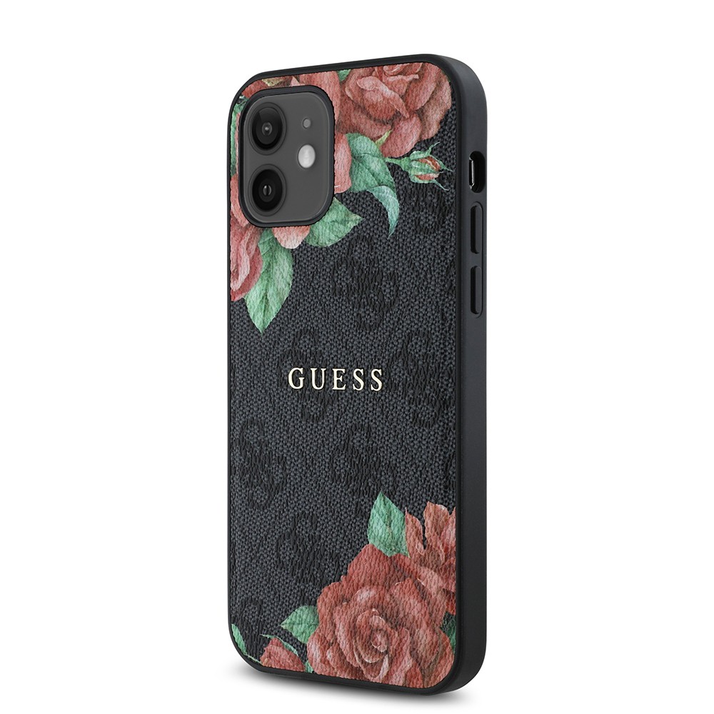 iPhone 12 Kılıf Guess Orjinal Lisanslı Magsafe Şarj Özellikli Gül Baskılı 4G Desenli Yazı Logolu Kılıf