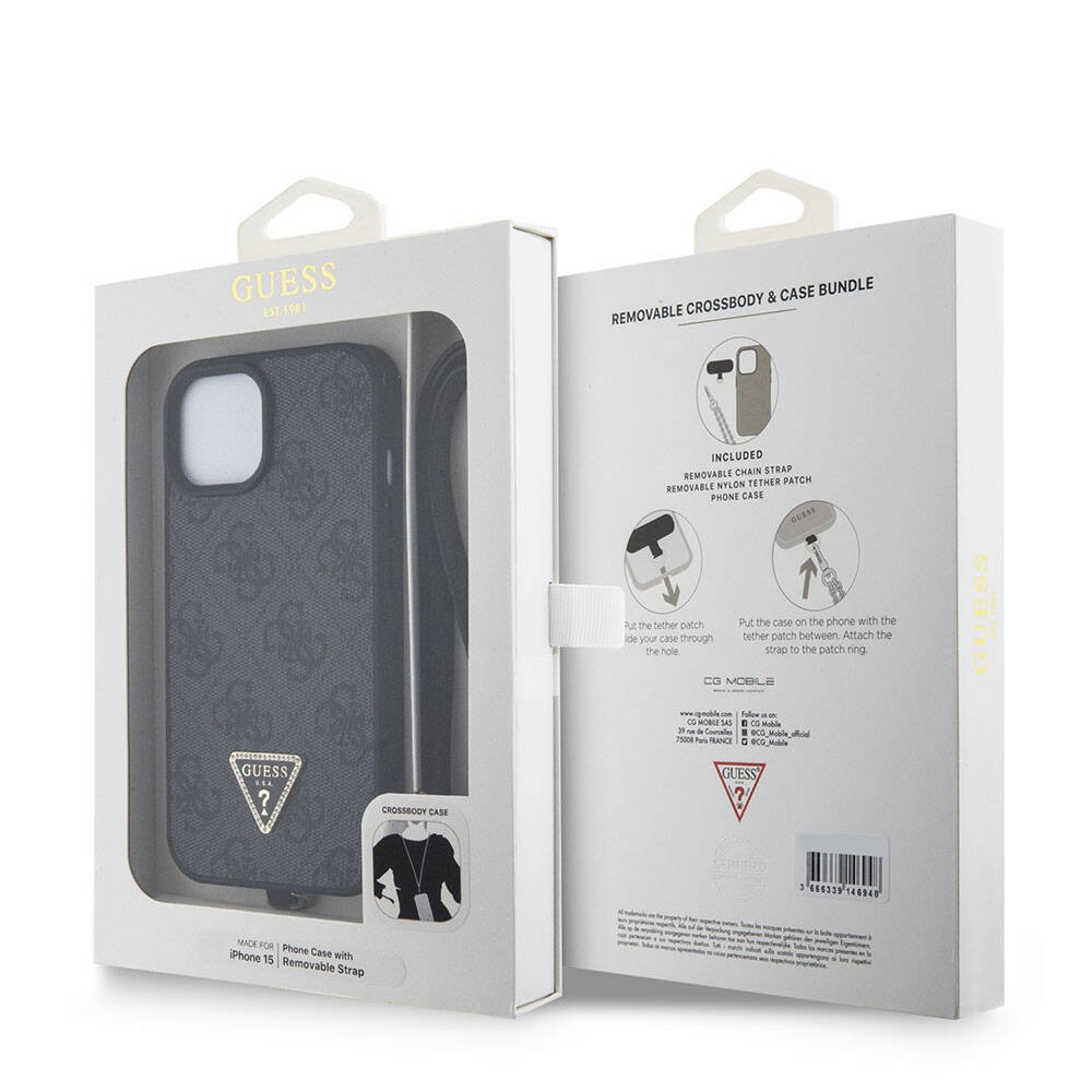 iPhone 15 Kılıf Guess Orjinal Lisanslı PU Deri Askılı Taşlı Üçgen Logo 4G Desenli Strass Crossbody Kılıf