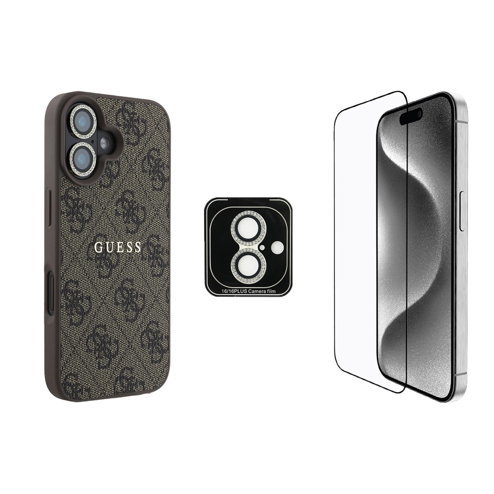 iPhone 16 Plus Guess Orjinal Lisanslı Kılıf + Ekran Koruyucu + Lens Koruyucu 3in1 Aksesuar Seti