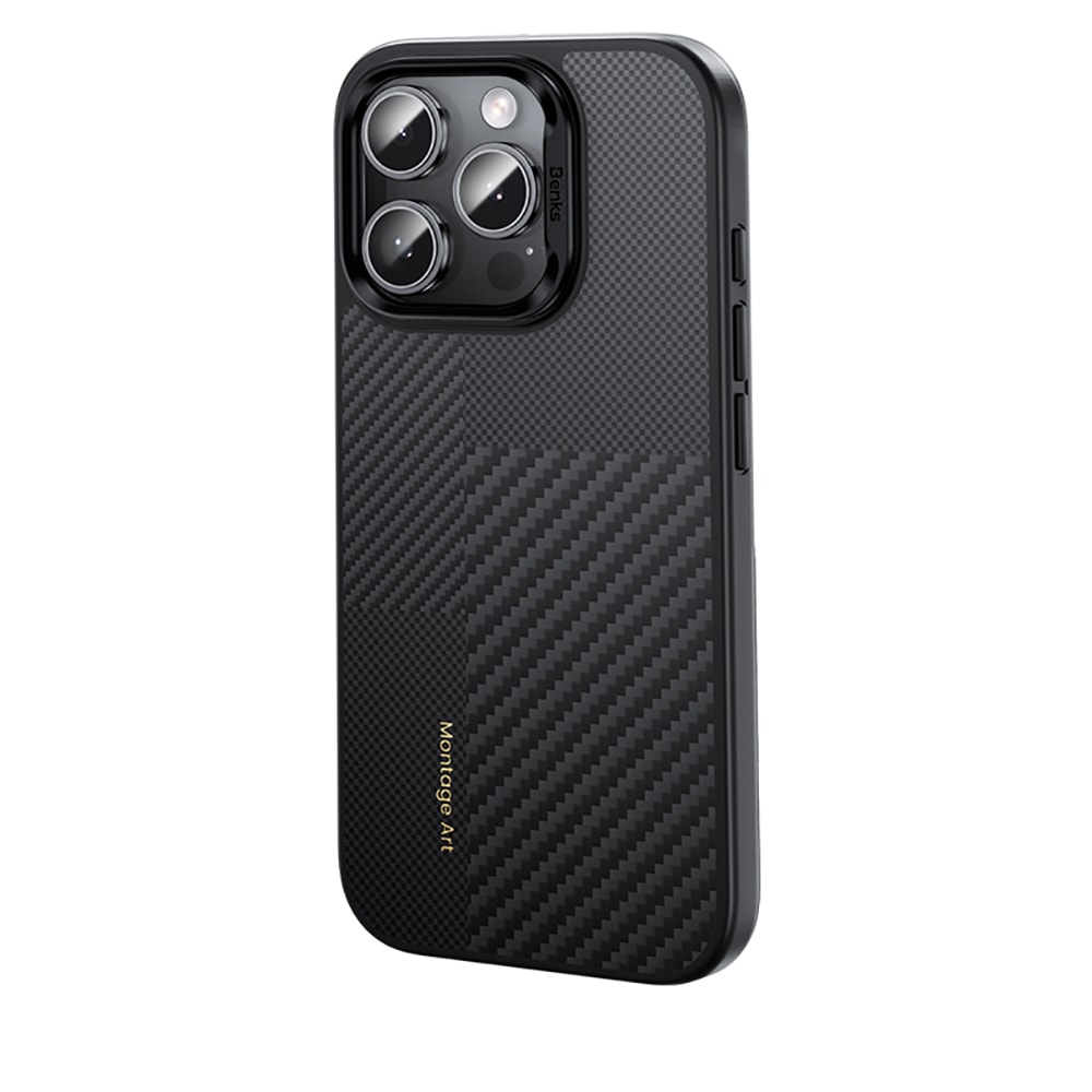 Apple iPhone 16 Pro Kılıf Karbon Fiber M-safe Şarj Özellikli Kamera Kontrol Butonlu Benks Hybrid ArmorPro Montage Kevlar Kapak