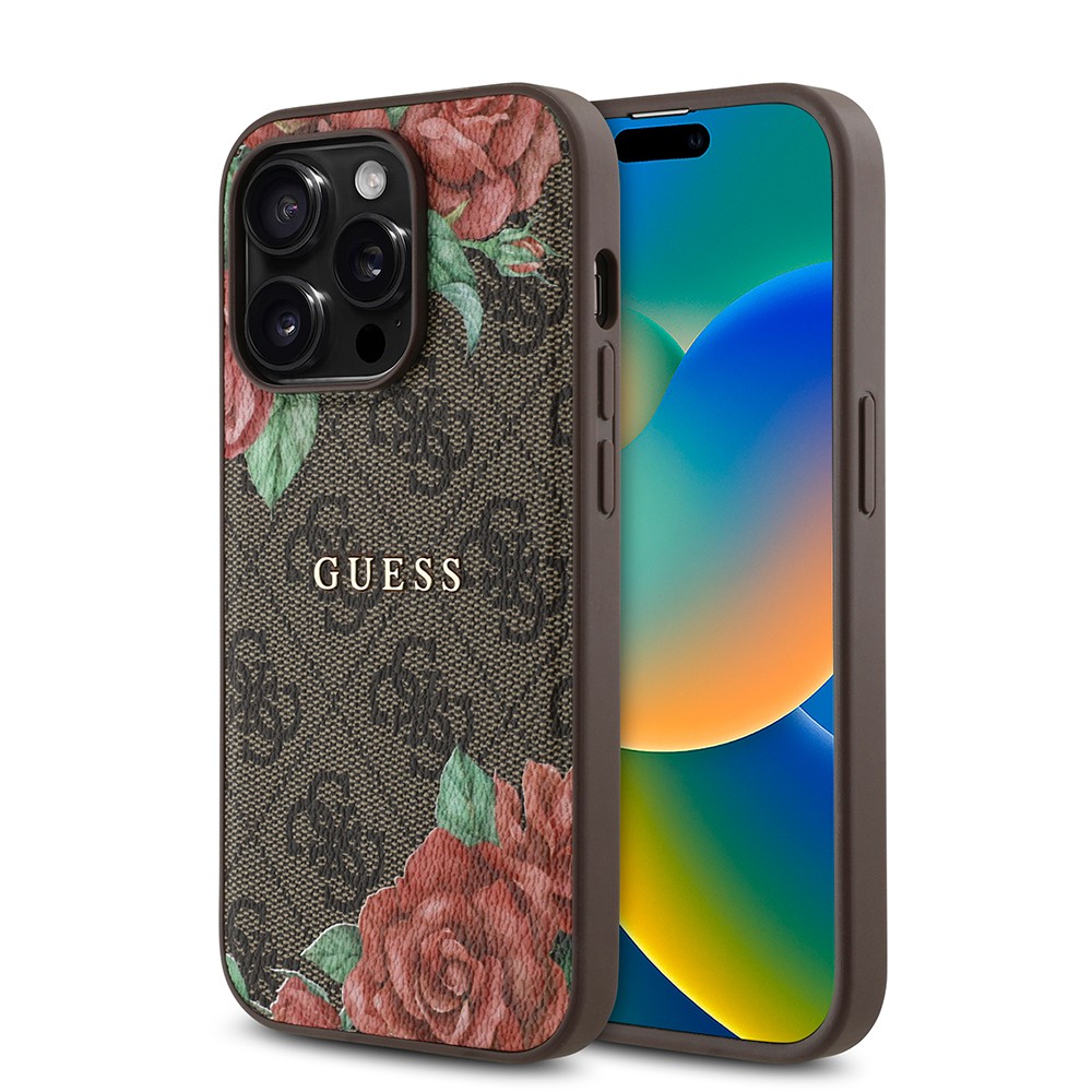 iPhone 14 Pro Max Kılıf Guess Orjinal Lisanslı Magsafe Şarj Özellikli Gül Baskılı 4G Desenli Yazı Logolu Kılıf