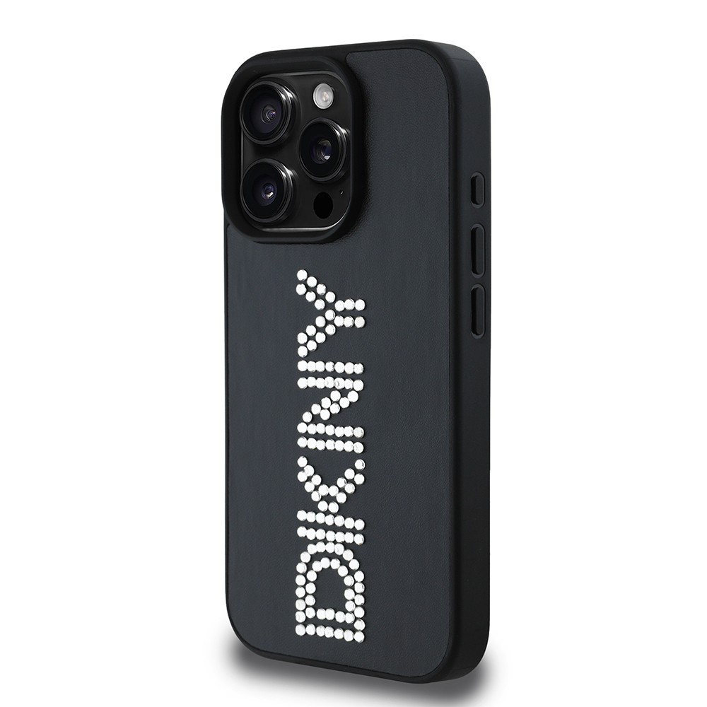 Apple iPhone 16 Pro Kılıf DKNY Orjinal Lisanslı Taşlı DKNY Yazılı Metalik Rhinestones PU Deri Kapak