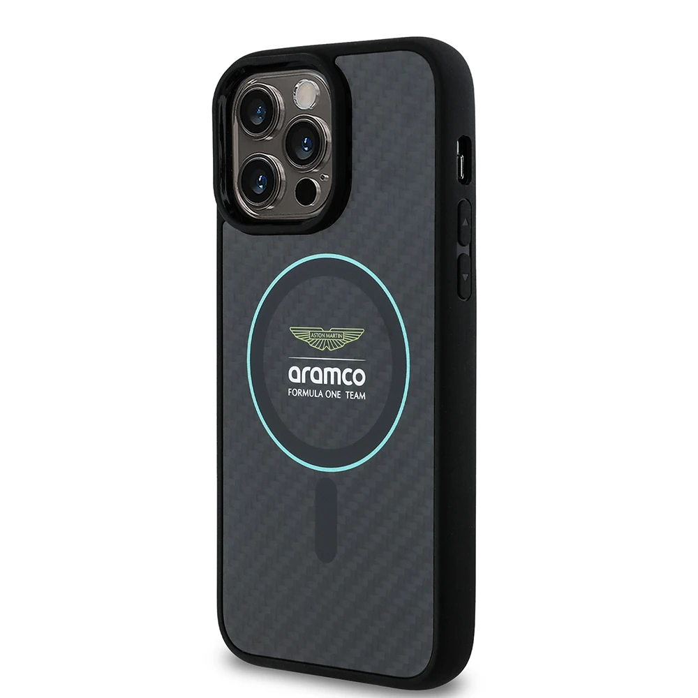 Apple iPhone 14 Pro Max Kılıf Aston Martin Orjinal Lisanslı M-safe Şarj Özellikli Renkli Halka ve Karbon Fiber Tasarımlı Kapak