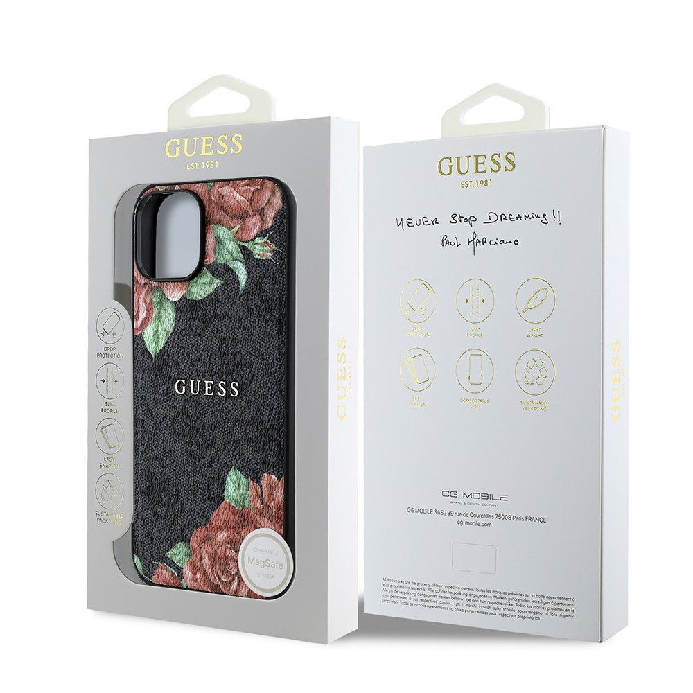iPhone 15 Kılıf Guess Orjinal Lisanslı Magsafe Şarj Özellikli Gül Baskılı 4G Desenli Yazı Logolu Kılıf