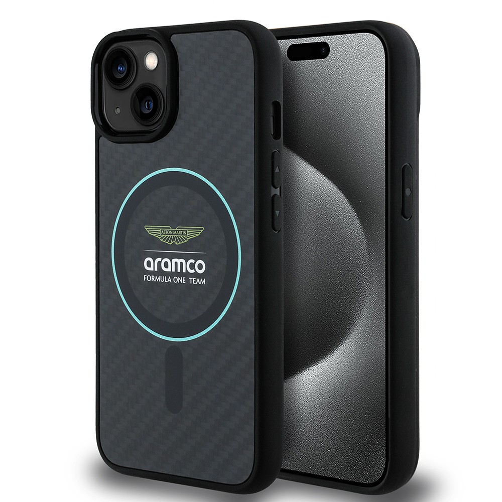 Apple iPhone 14 Kılıf Aston Martin Orjinal Lisanslı M-safe Şarj Özellikli Renkli Halka ve Karbon Fiber Tasarımlı Kapak