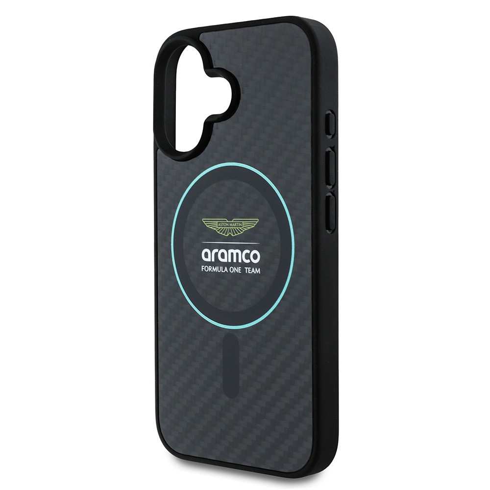 Apple iPhone 16 Kılıf Aston Martin Orjinal Lisanslı M-safe Şarj Özellikli Renkli Halka ve Karbon Fiber Tasarımlı Kapak