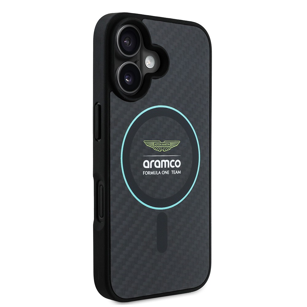 Apple iPhone 16 Kılıf Aston Martin Orjinal Lisanslı M-safe Şarj Özellikli Renkli Halka ve Karbon Fiber Tasarımlı Kapak