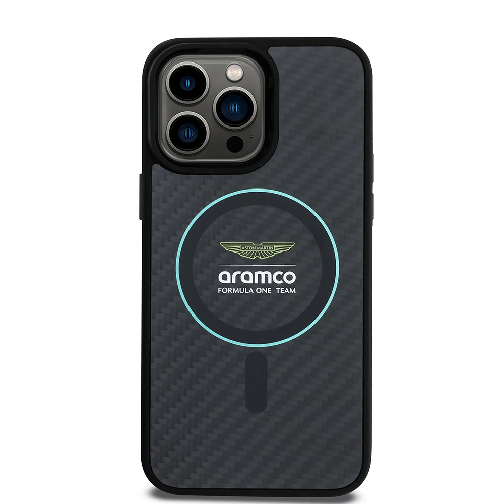 Apple iPhone 14 Pro Max Kılıf Aston Martin Orjinal Lisanslı M-safe Şarj Özellikli Renkli Halka ve Karbon Fiber Tasarımlı Kapak