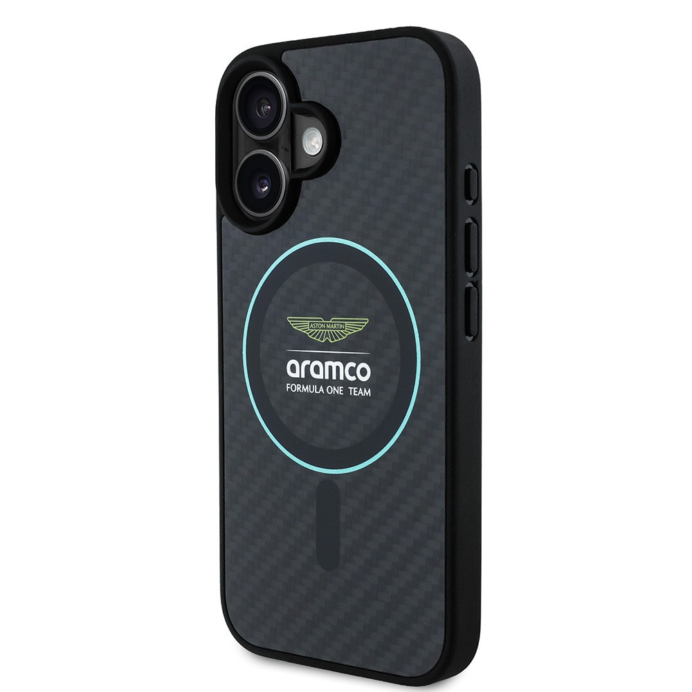Apple iPhone 16 Kılıf Aston Martin Orjinal Lisanslı M-safe Şarj Özellikli Renkli Halka ve Karbon Fiber Tasarımlı Kapak