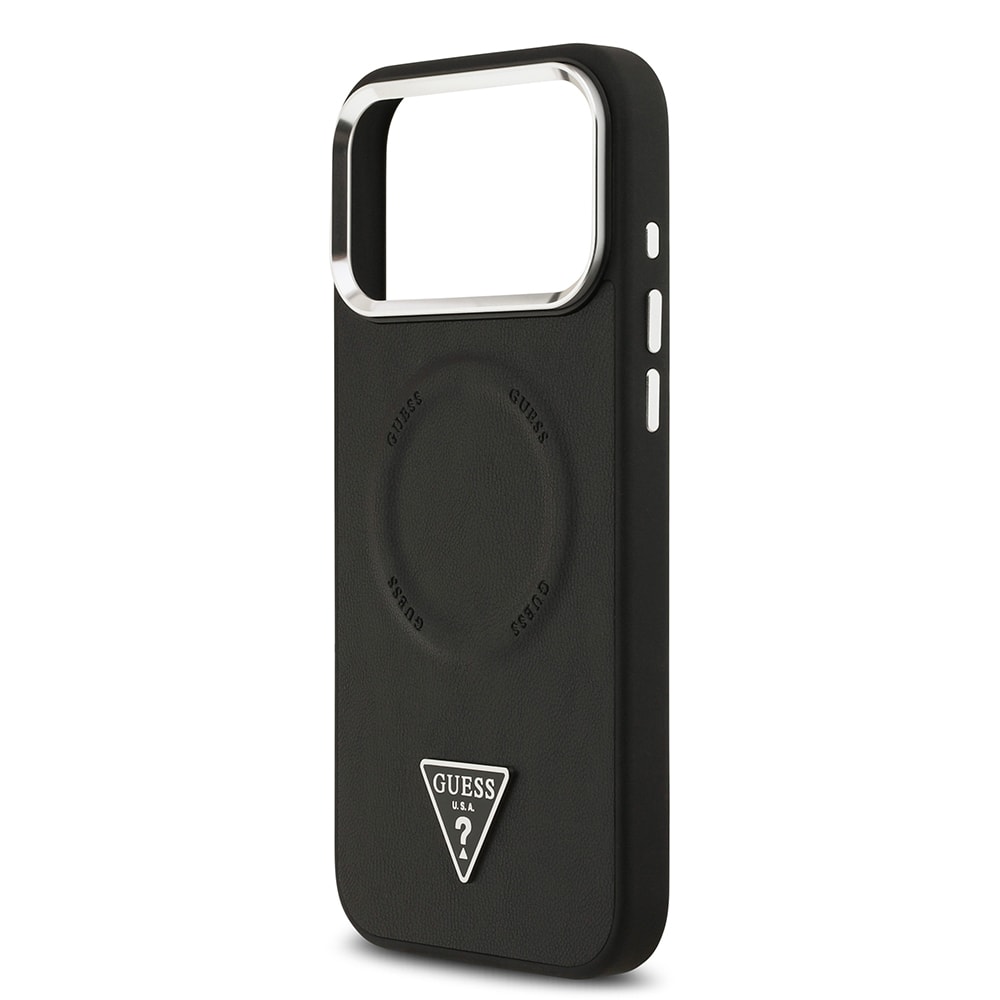 Apple iPhone 17 Pro Max Kılıf Guess Orjinal Lisanslı M-safe Şarj Özellikli PU Deri Metal Kamera Çerçeveli Üçgen Logolu Kapak