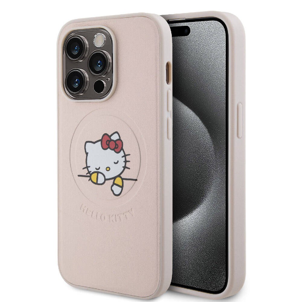 iPhone 15 Pro Kılıf Hello Kitty Orjinal Lisanslı Magsafe Şarj Özellikli Baskı Logolu Uyuyan Kitty Deri Kılıf