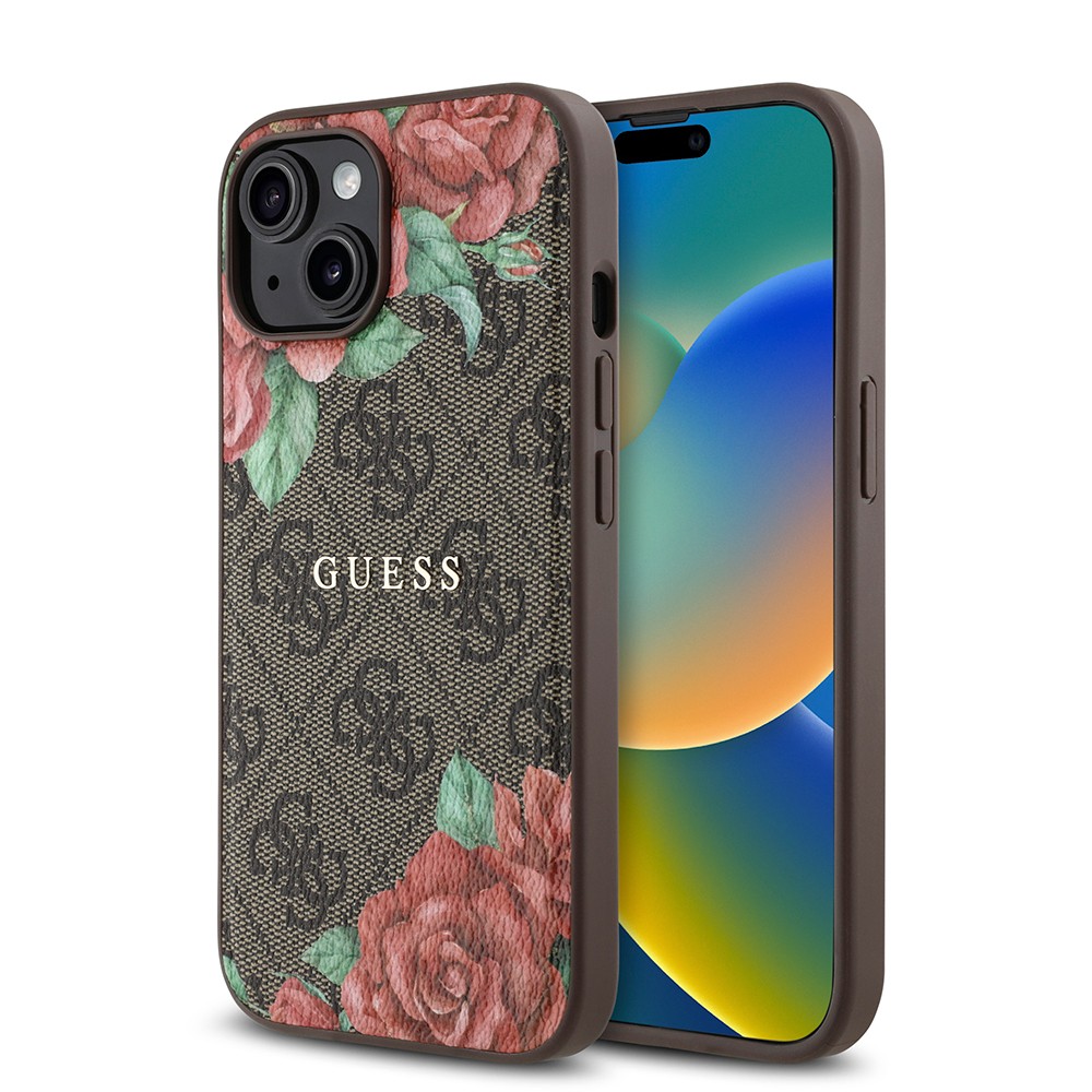 iPhone 15 Kılıf Guess Orjinal Lisanslı Magsafe Şarj Özellikli Gül Baskılı 4G Desenli Yazı Logolu Kılıf
