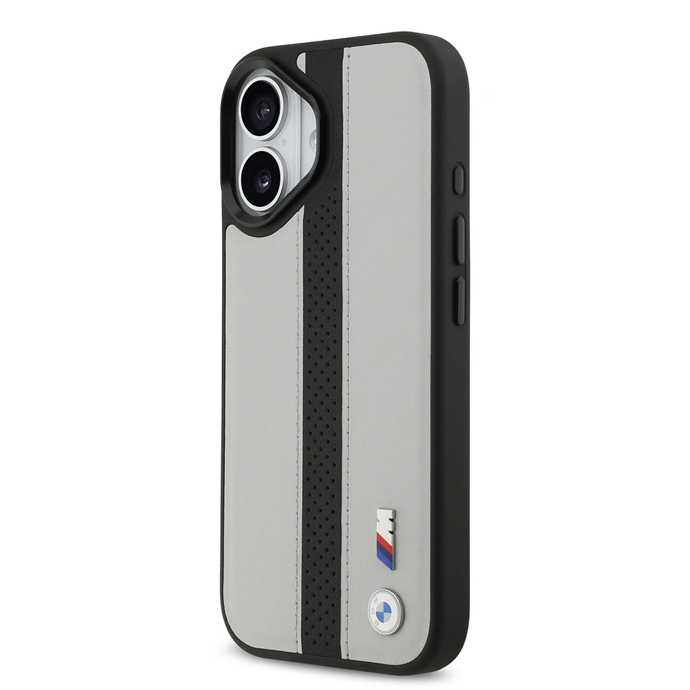 Apple iPhone 17 Kılıf BMW Orjinal Lisanslı M-safe Şarj Özellikli Deri Arka Yüzey Metal Logolu Delikli Şerit Tasarımlı Kapak