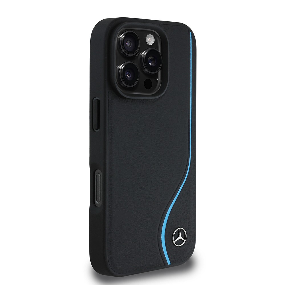 Apple iPhone 16 Pro Max Kılıf Mercedes Benz Orjinal Lisanslı M-safe Şarj Özellikli 3D Metal Logolu Mavi Dikey Eğri Çizgili Deri Kapak