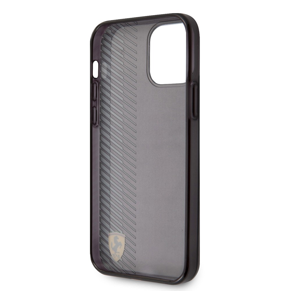 Apple iPhone 12 Pro Max Kılıf Ferrari Orjinal Lisanlı Klasik Metal Logolu Transparan Çizgi Desenli Gradient Kapak