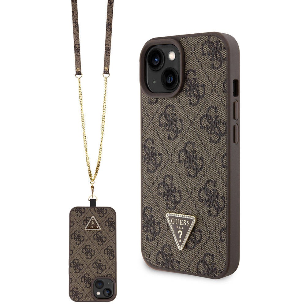 iPhone 15 Kılıf Guess Orjinal Lisanslı PU Deri Askılı Taşlı Üçgen Logo 4G Desenli Strass Crossbody Kılıf