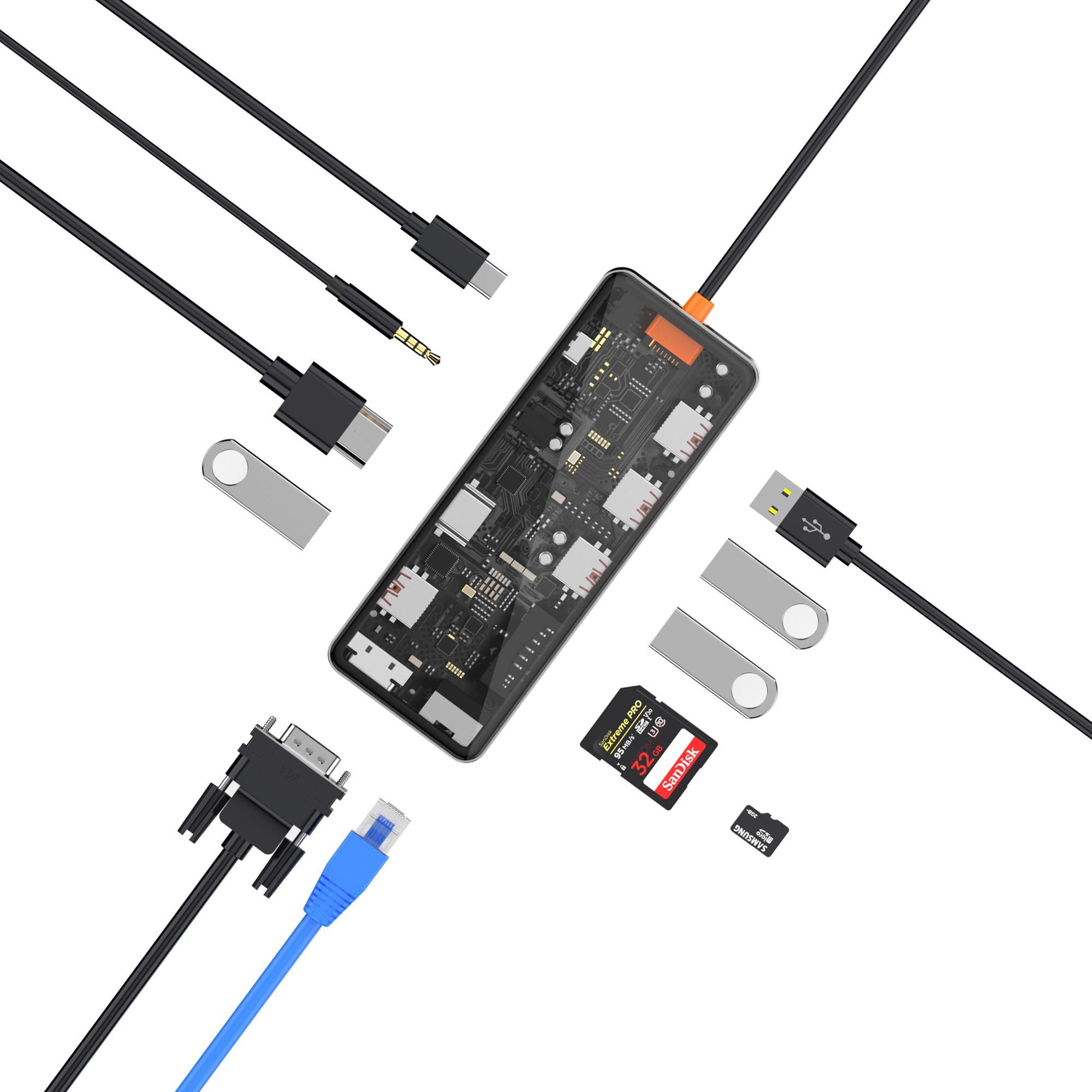 Wiwu CB011 Cyber 11 in 1 Type-C Hub 100W Şarj Destekli Şeffaf Görünümlü SD Kart-RJ45-Hdmi-VGA-Usb Çoğaltıcı
