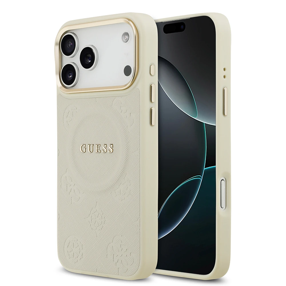Apple iPhone 17 Pro Max Kılıf Guess Orjinal Lisanslı M-safe Şarj Özellikli Sıcak Baskılı Yazı Logolu PU Deri Peony Kapak
