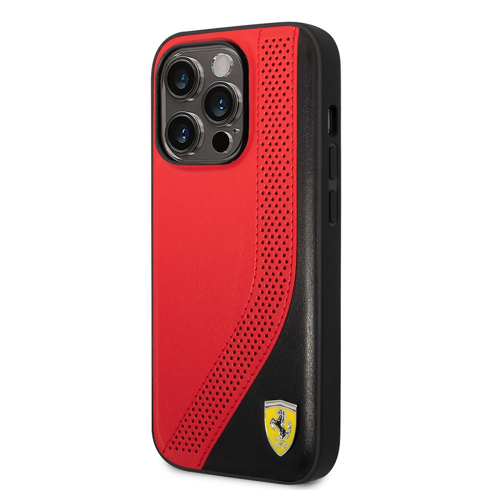 Apple iPhone 14 Pro Max Kılıf Ferrari Orjinal Lisanslı Metal Logolu Deri Delikli Dikişli Dizayn Kapak