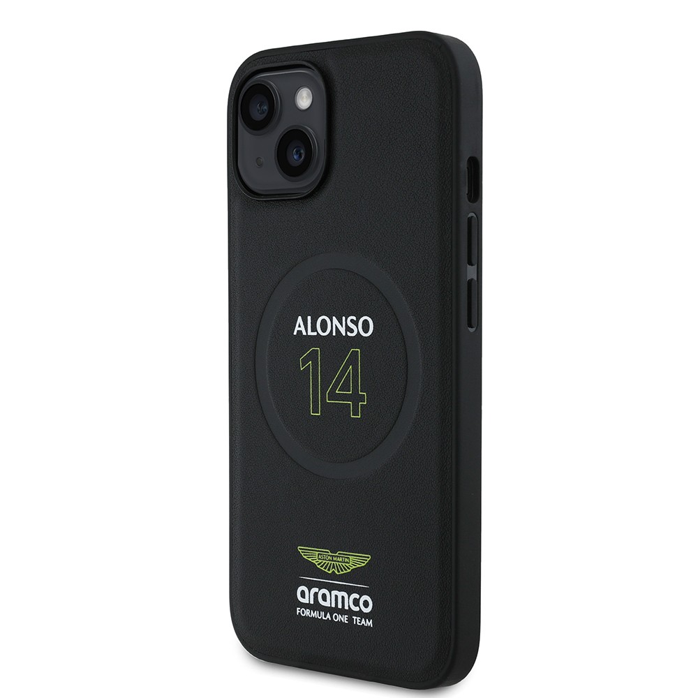 Apple iPhone 15 Kılıf Aston Martin Orjinal Lisanslı M-safe Şarj Özellikli PU Deri Alonso 14 Baskılı Kapak