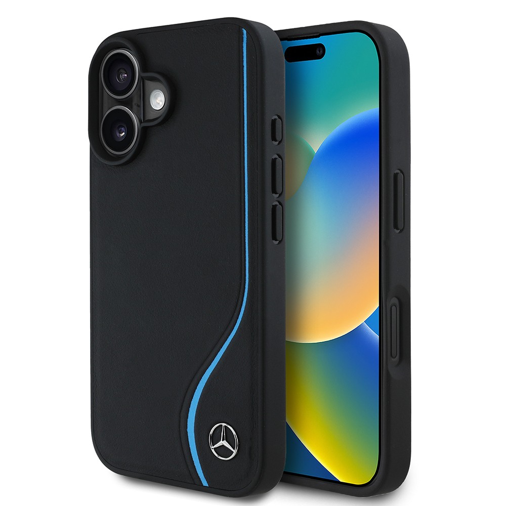 Apple iPhone 16 Kılıf Mercedes Benz Orjinal Lisanslı M-safe Şarj Özellikli 3D Metal Logolu Mavi Dikey Eğri Çizgili Deri Kapak