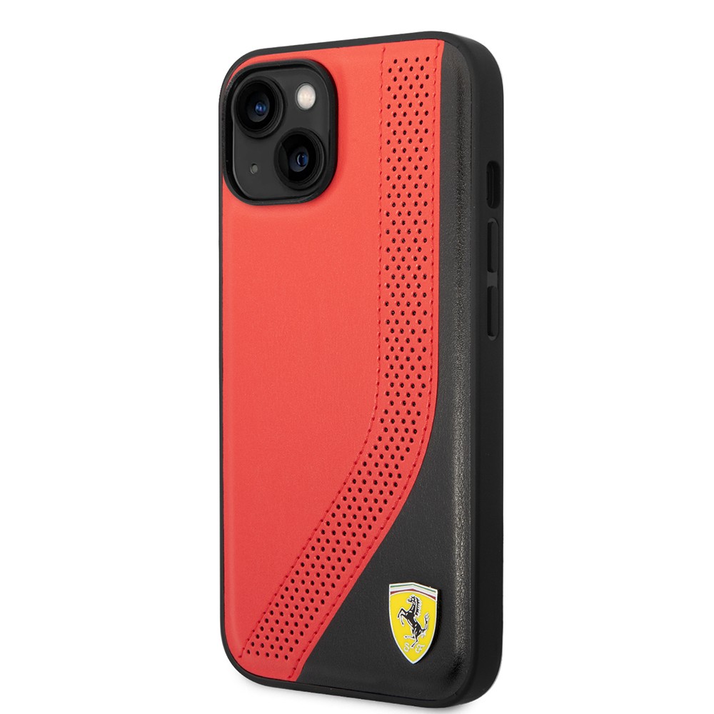 Apple iPhone 14 Kılıf Ferrari Orjinal Lisanslı Metal Logolu Deri Delikli Dikişli Dizayn Kapak
