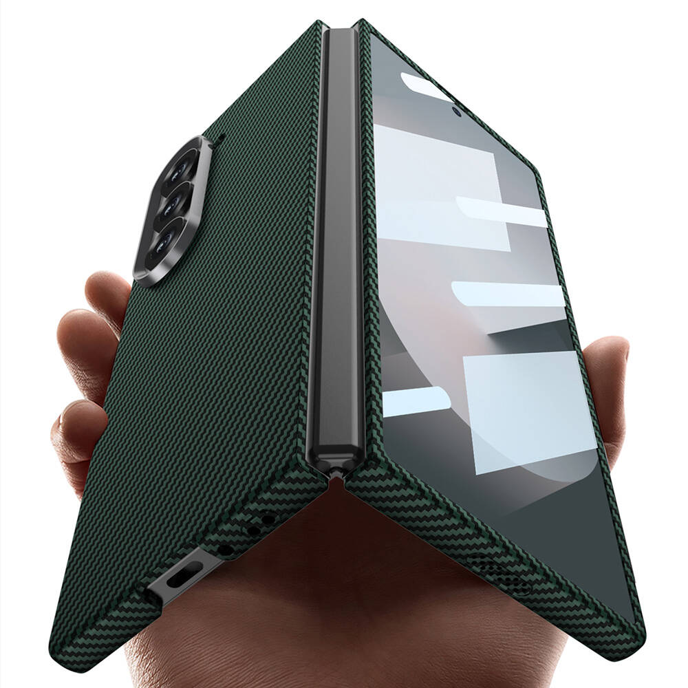 Galaxy Z Fold 6 Kılıf Kamera Korumalı Karbon Fiber Tasarımlı Arka Yüzey Zore Kıpta Karbon Kılıf