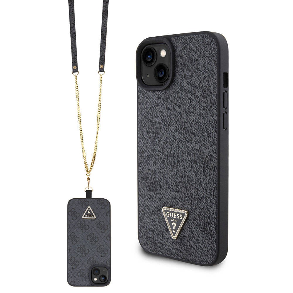 iPhone 15 Kılıf Guess Orjinal Lisanslı PU Deri Askılı Taşlı Üçgen Logo 4G Desenli Strass Crossbody Kılıf
