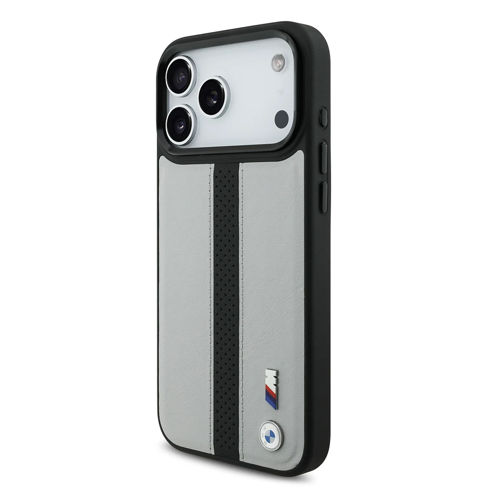 Apple iPhone 17 Pro Kılıf BMW Orjinal Lisanslı M-safe Şarj Özellikli Deri Arka Yüzey Metal Logolu Delikli Şerit Tasarımlı Kapak