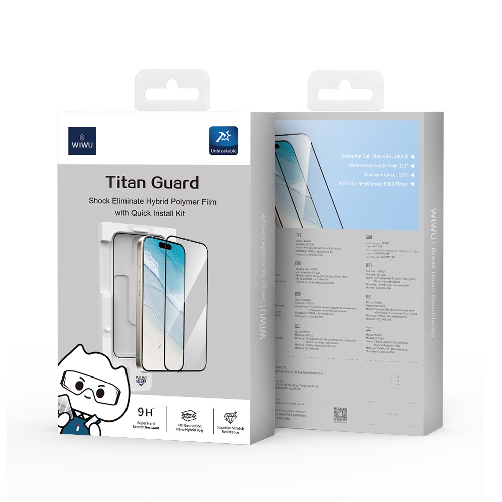 iPhone 15 Plus Wiwu GT-020 Titan Guard Serisi Şok Emici Hibrit Polimer HD Şeffaf Ekran Koruyucu Film + Kolay Uygulama Aparatı