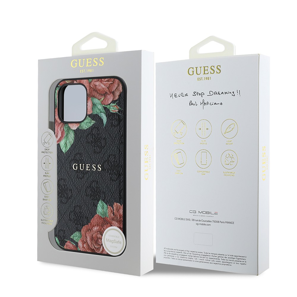 iPhone 12 Pro Kılıf Guess Orjinal Lisanslı Magsafe Şarj Özellikli Gül Baskılı 4G Desenli Yazı Logolu Kılıf