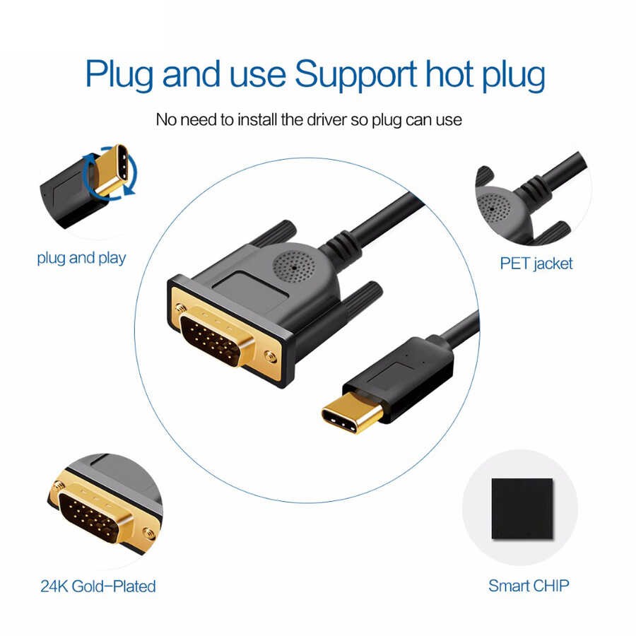 Qgeem QG-UA17 Type-C to VGA Adaptörü Yüksek Çözünürlüklü Dönüştürücü Kablo 1080p 60Hz 3 metre