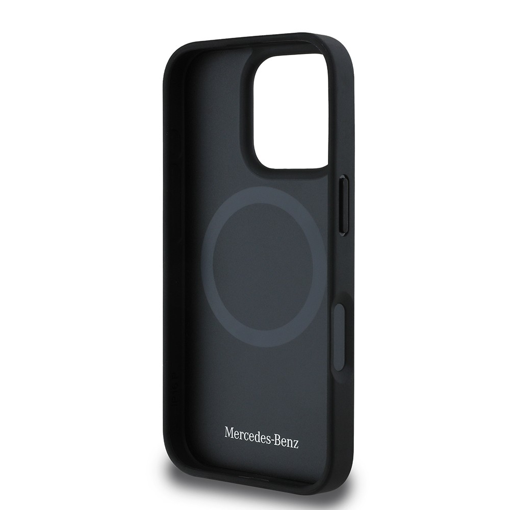Apple iPhone 16 Pro Max Kılıf Mercedes Benz Orjinal Lisanslı M-safe Şarj Özellikli 3D Metal Logolu Mavi Yatay Eğri Çizgili Deri Kapak