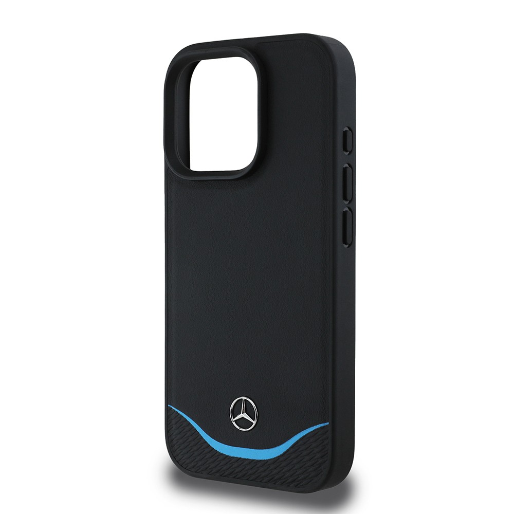 Apple iPhone 16 Pro Kılıf Mercedes Benz Orjinal Lisanslı M-safe Şarj Özellikli 3D Metal Logolu Mavi Yatay Eğri Çizgili Deri Kapak