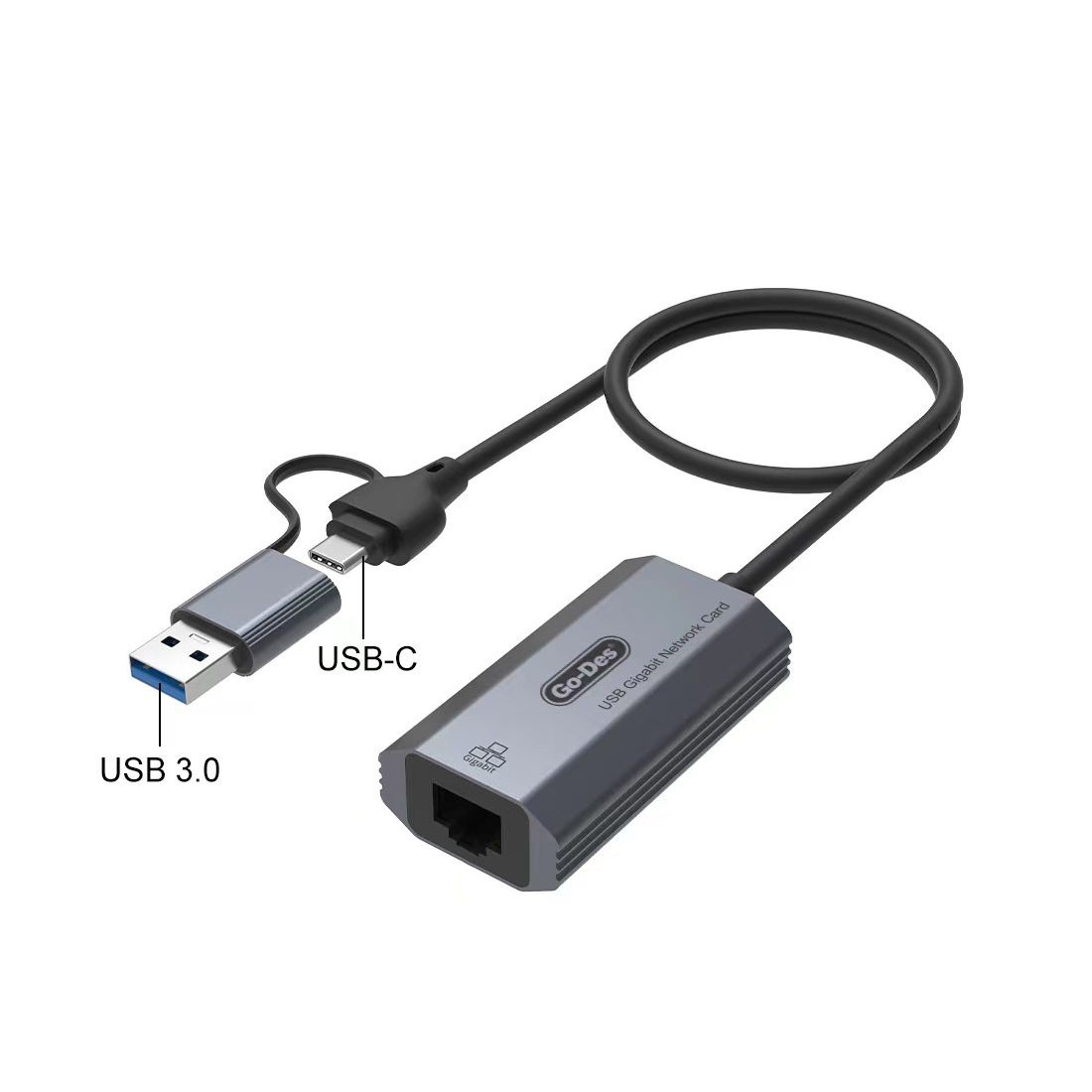 Go Des GD-6836 RJ45 to Type-C ve USB-A Gigabit Ethernet Dönüştürücü Kablo 1000Mbps 50cm