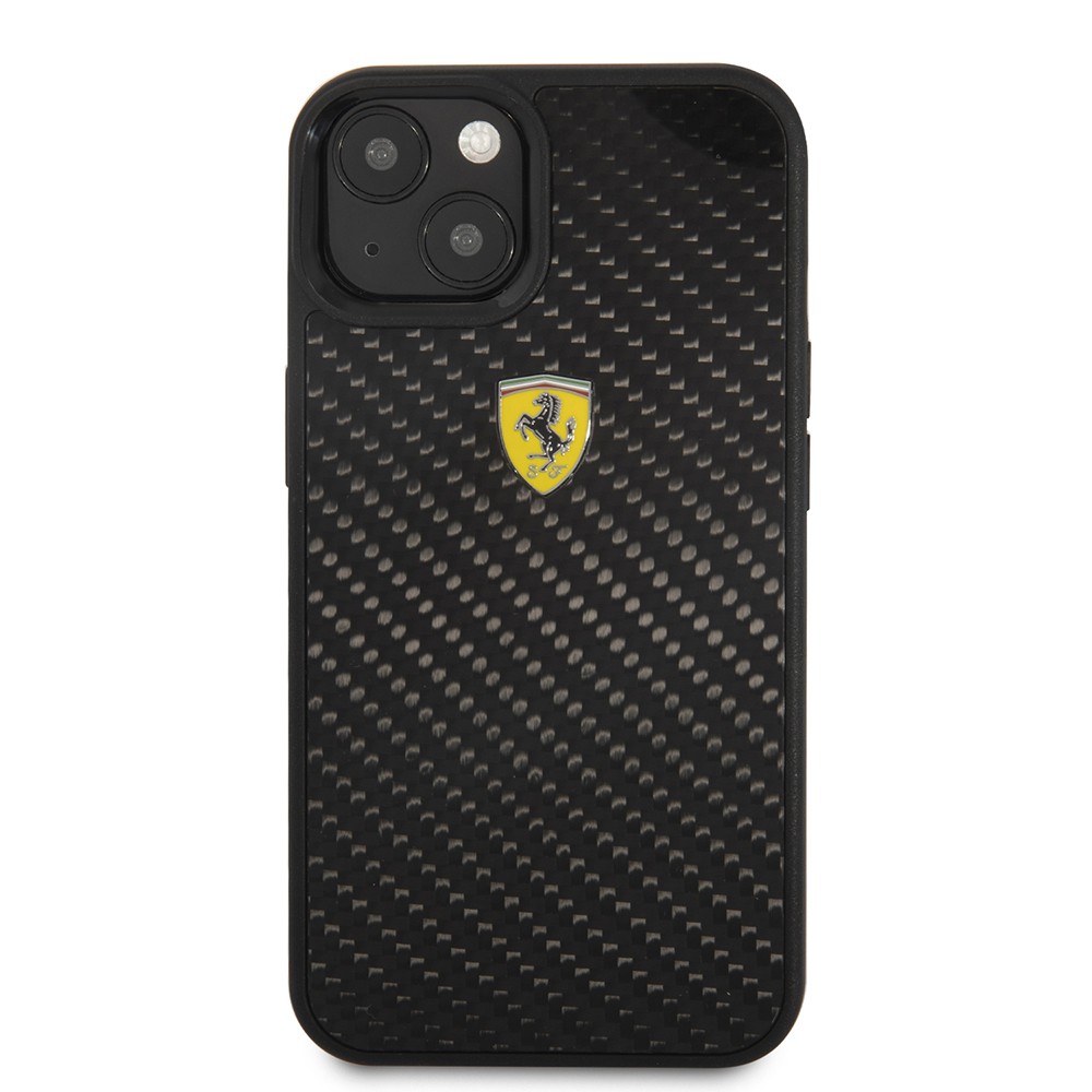 Apple iPhone 13 Mini Kılıf Ferrari Orjinal Lisanlı Klasik Metal Logolu Karbon Dizayn Kapak