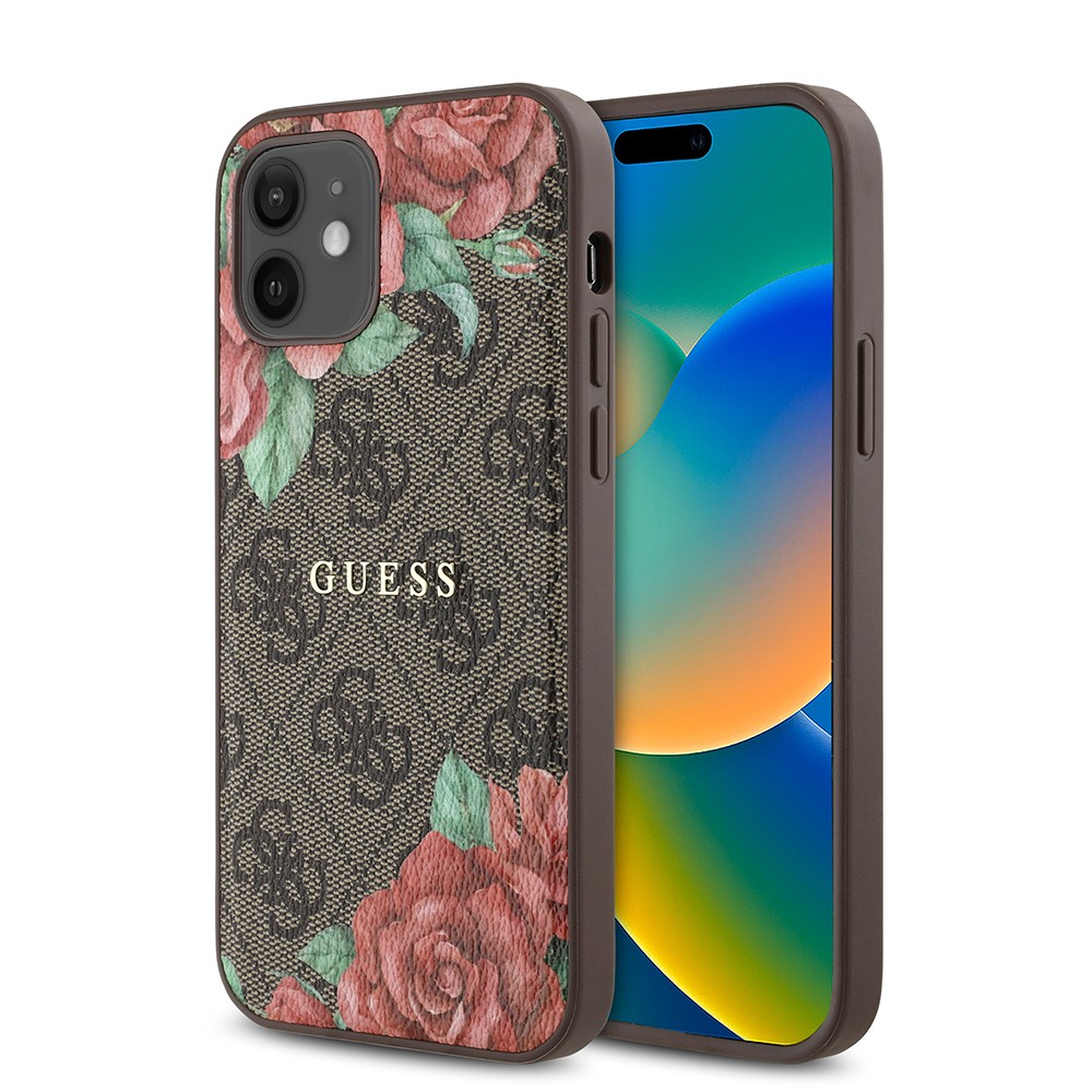 iPhone 12 Kılıf Guess Orjinal Lisanslı Magsafe Şarj Özellikli Gül Baskılı 4G Desenli Yazı Logolu Kılıf